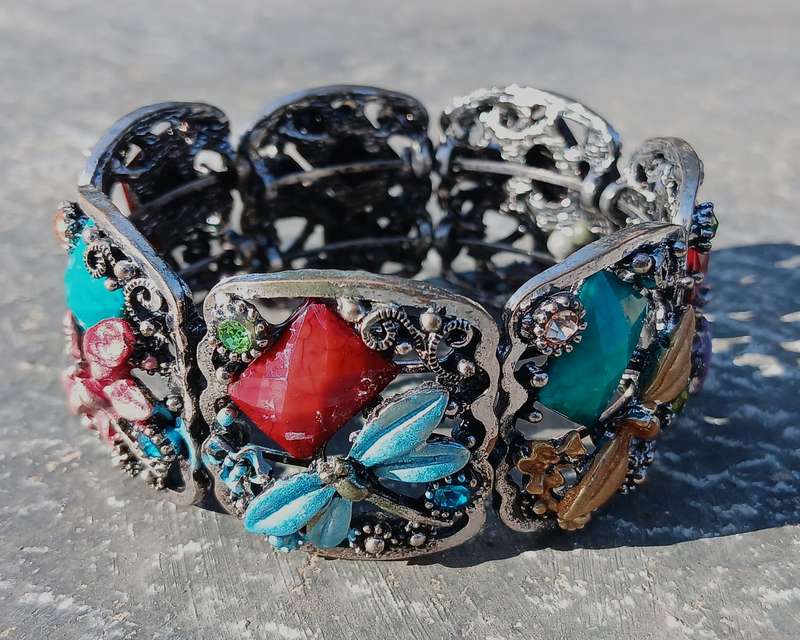 Filigree Silver-Tone Cuff Bracelet with Colorful Glass & Crystal Accents - Dragonfly Motif
