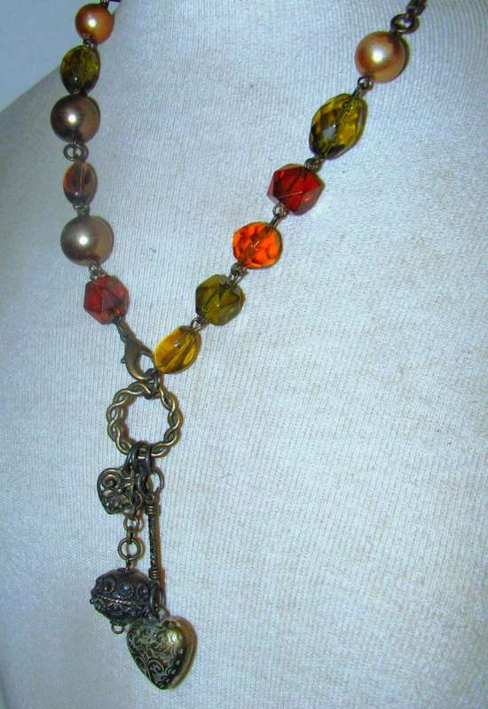 Vintage Brass-Tone Charm Necklace | Faceted Glass Beads & Faux Pearls | Warm Earthy Tones