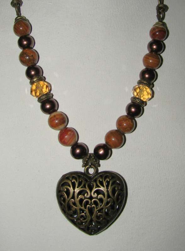Vintage Puffy Filigree Heart Pendant Necklace with Agate, Faux Pearl, and Citrine Crystal Beads
