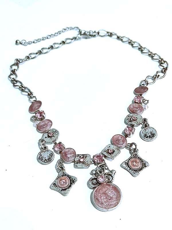 Charming Vintage Silver-Tone & Pink Costume Jewellery Necklace - Festoon Style