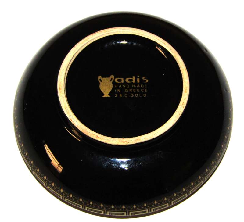 Vintage Black Glazed Porcelain Trinket Box with 24K Gold Decor  Made in Greece by Adis