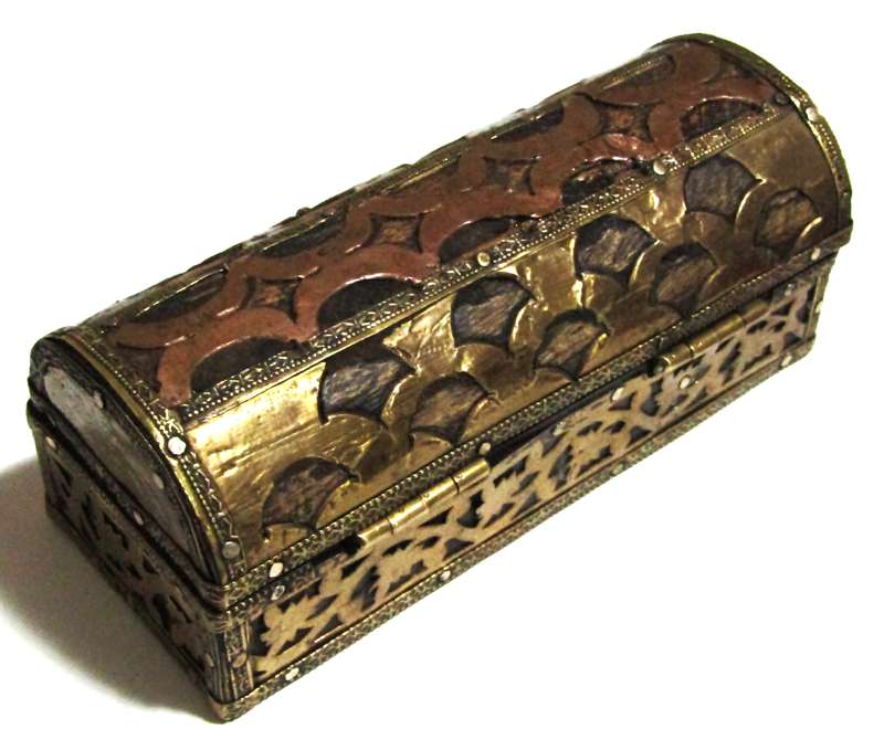 Vintage Decorative Wooden Box with Brass and Copper Inlays