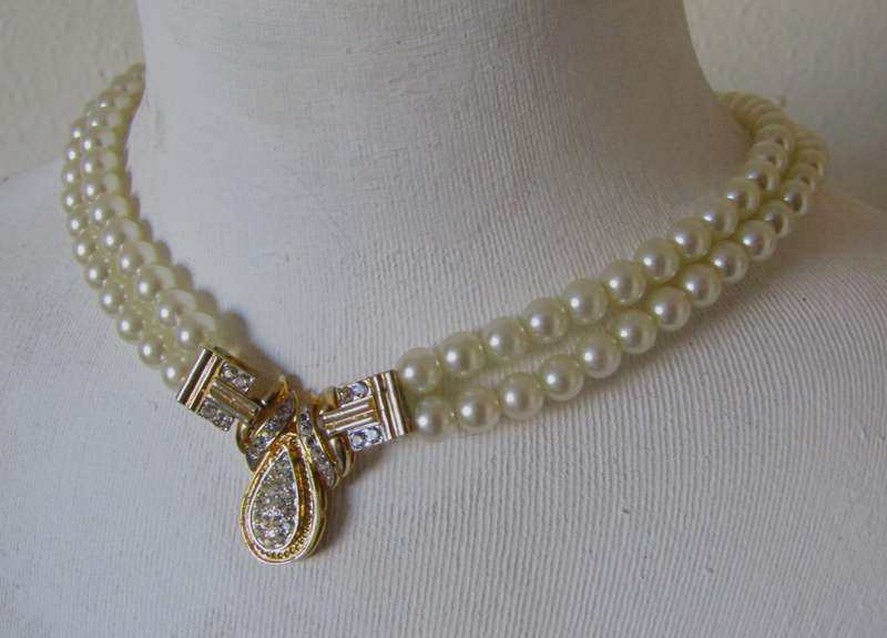 Vintage Double Strand Faux Pearl Necklace with Gold Plated and Clear Rhinestone Art Deco Pendant