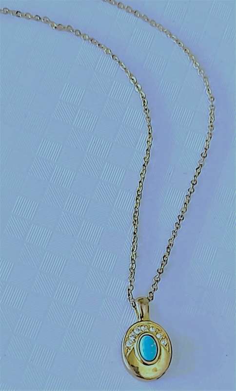 Vintage, Gold Tone Oval Pendant Necklace with Clear and Turquoise Stones