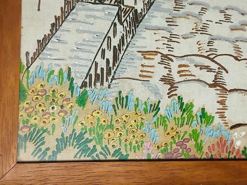Vintage Framed Needlepoint Art: Idyllic European Village Scene