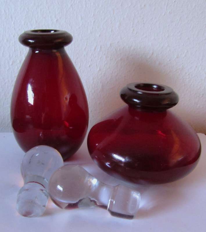 Set of Two Vintage Ruby Red Hand Blown Glass Perfume Bottles with Clear Stoppers (c. 1970)