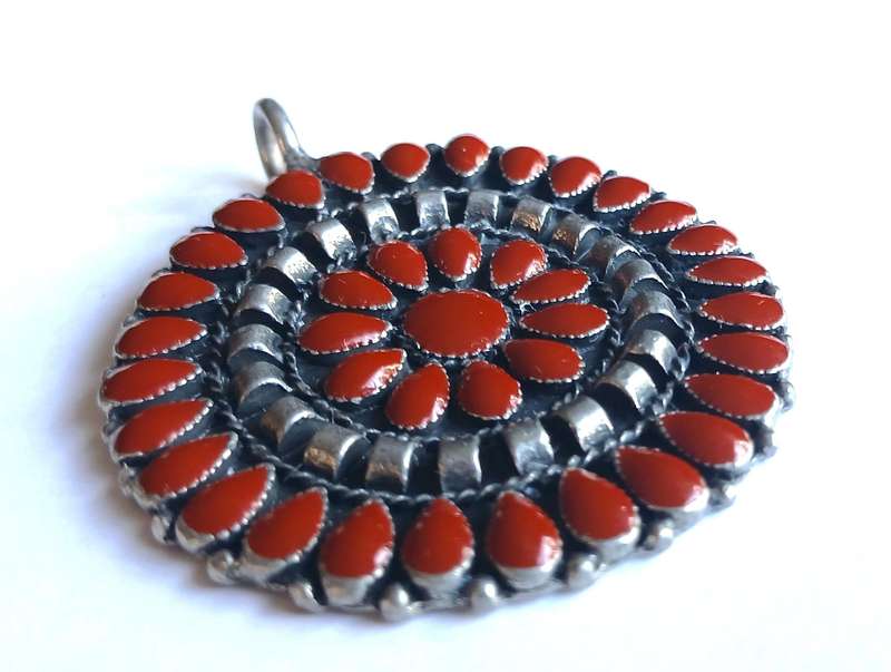 Vintage Round Silvertone Pendant with Red Enamel Decoration