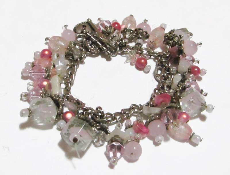 Vintage Pink Glass Bead Bracelet with Silver Tone Charms
