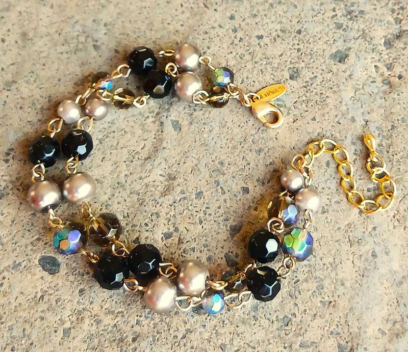 1980s LDADPR French Gold Tone Bracelet  Double Strand with Aurora Borealis and Faux Pearls