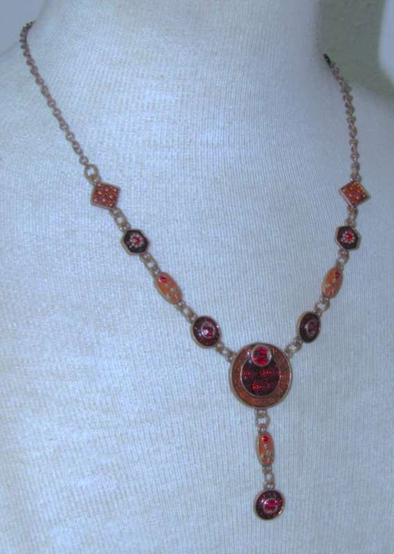 Vintage Brass, Amber and Ruby Red Enamel, and Ruby Red Crystal Necklace and Earrings Set