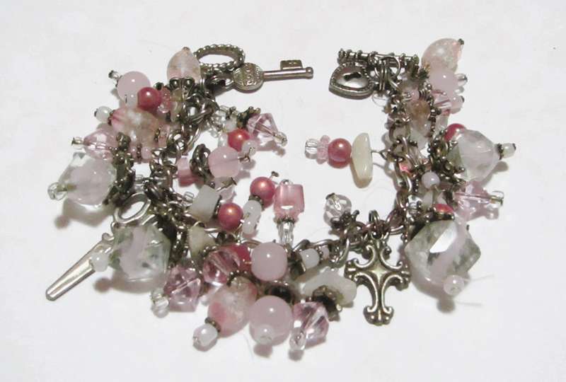 Vintage Pink Glass Bead Bracelet with Silver Tone Charms