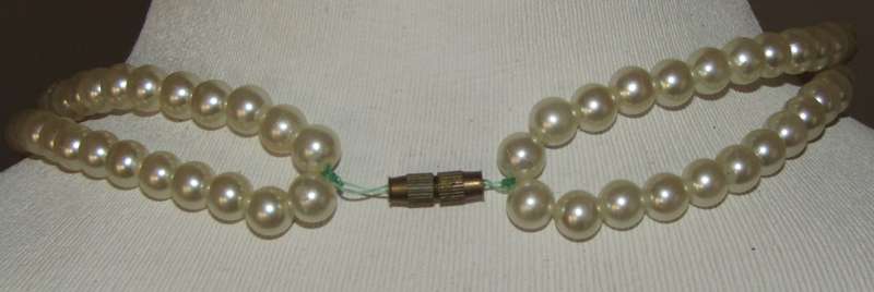 Vintage Double Strand Faux Pearl Necklace with Gold Plated and Clear Rhinestone Art Deco Pendant