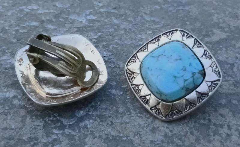 Vintage Silver-Tone & Faux Turquoise Clip-On Earrings