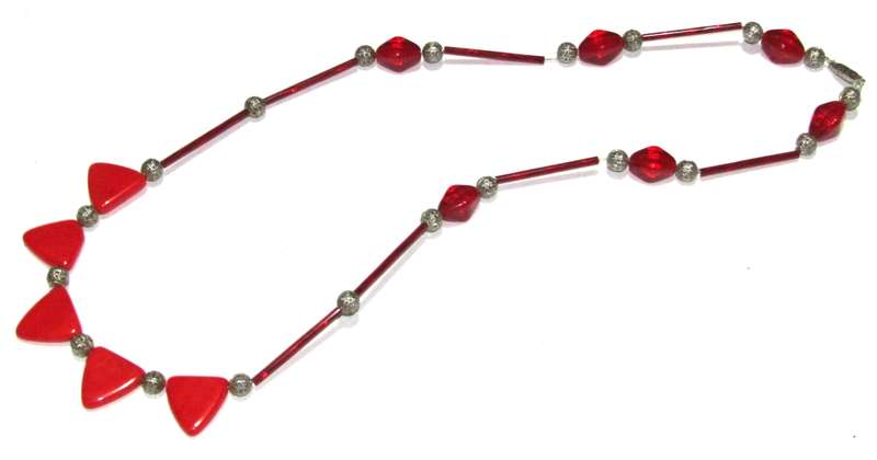 Vintage Ruby Red Glass & Silver Tone Filigree Beaded Necklace