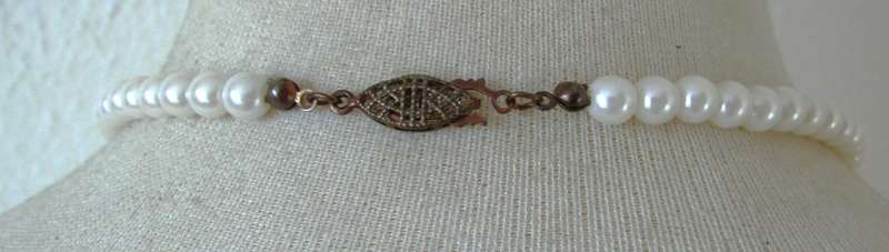 Vintage Faux Pearl Necklace with Copper Tone Pendant and Amethyst Stones