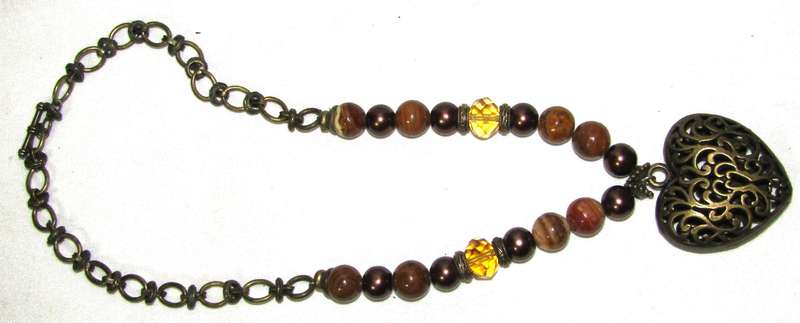 Vintage Puffy Filigree Heart Pendant Necklace with Agate, Faux Pearl, and Citrine Crystal Beads