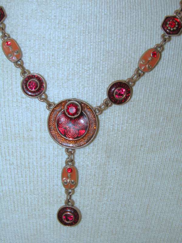 Vintage Brass, Amber and Ruby Red Enamel, and Ruby Red Crystal Necklace and Earrings Set