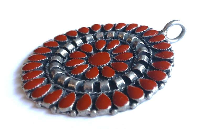 Vintage Round Silvertone Pendant with Red Enamel Decoration