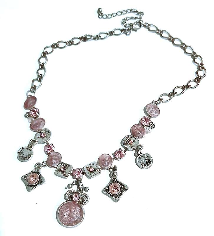 Charming Vintage Silver-Tone & Pink Costume Jewellery Necklace - Festoon Style