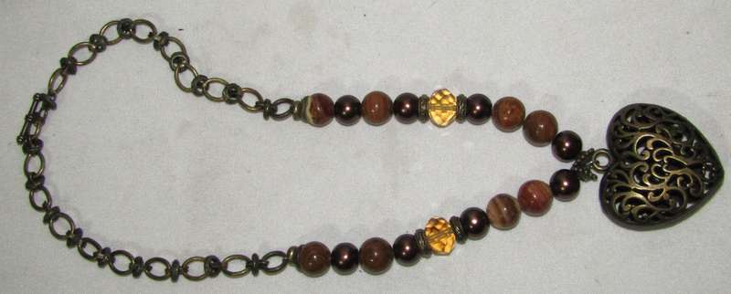 Vintage Puffy Filigree Heart Pendant Necklace with Agate, Faux Pearl, and Citrine Crystal Beads