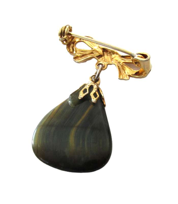 Vintage Gold Tone Bow Dangle Brooch pin with genuine green jasper stone