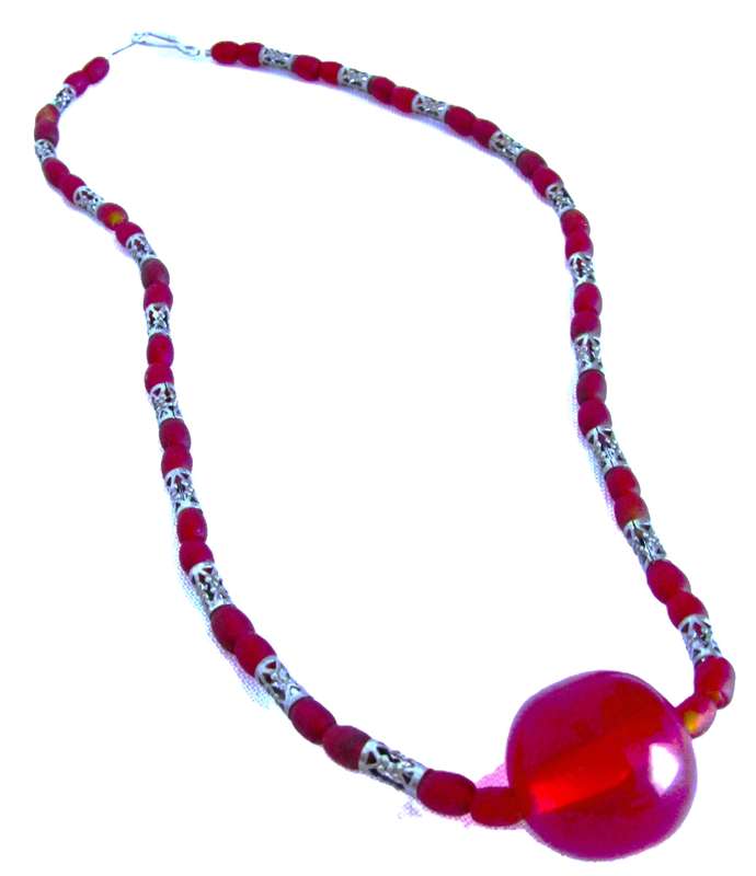 Vintage Frosted Ruby Red Glass & Silver Tone Filigree Beaded Necklace