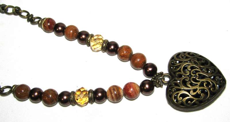 Vintage Puffy Filigree Heart Pendant Necklace with Agate, Faux Pearl, and Citrine Crystal Beads