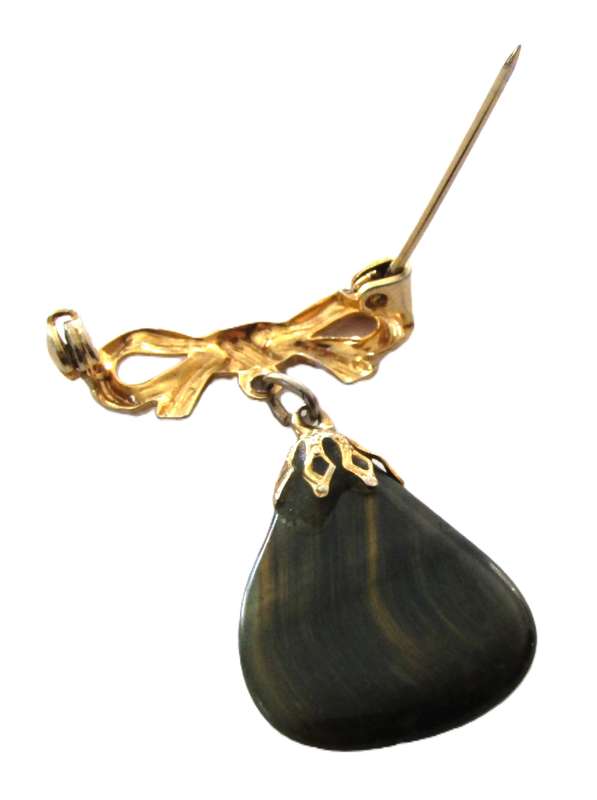 Vintage Gold Tone Bow Dangle Brooch pin with genuine green jasper stone