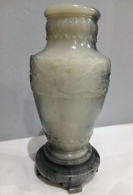 Vintage Hand-Carved Chinese Nephrite Jade Vase with Crane & Floral Motifs | Estate Collection | 18cm