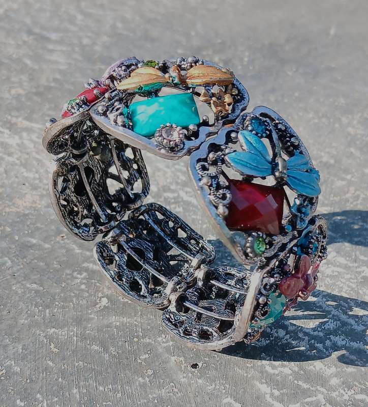 Filigree Silver-Tone Cuff Bracelet with Colorful Glass & Crystal Accents - Dragonfly Motif