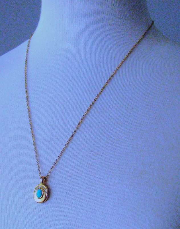 Vintage, Gold Tone Oval Pendant Necklace with Clear and Turquoise Stones