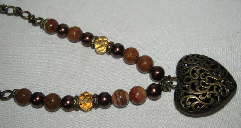 Vintage Puffy Filigree Heart Pendant Necklace with Agate, Faux Pearl, and Citrine Crystal Beads
