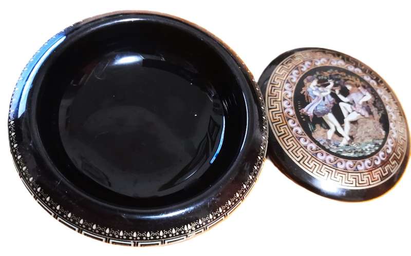 Vintage Black Glazed Porcelain Trinket Box with 24K Gold Decor  Made in Greece by Adis