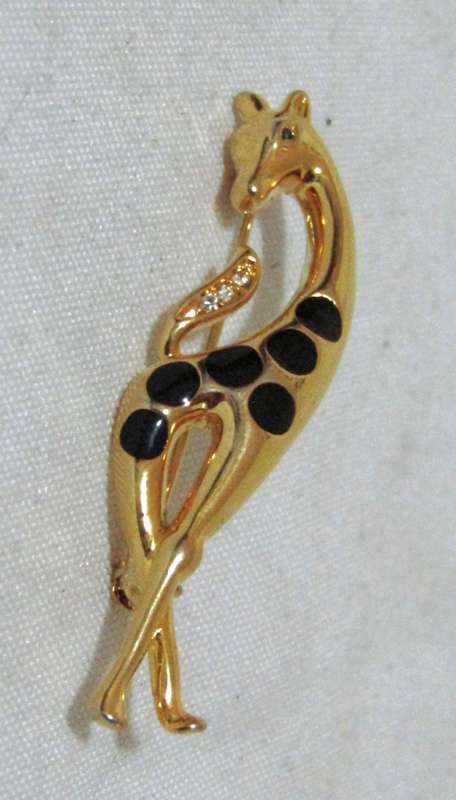Mid-Century Modern Gold Tone Enamel and Rhinestone Giraffe Brooch Pin