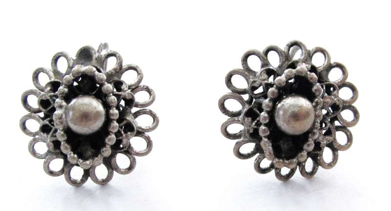 Antique Silver Plated Brass Etruscan Screw Back Earrings