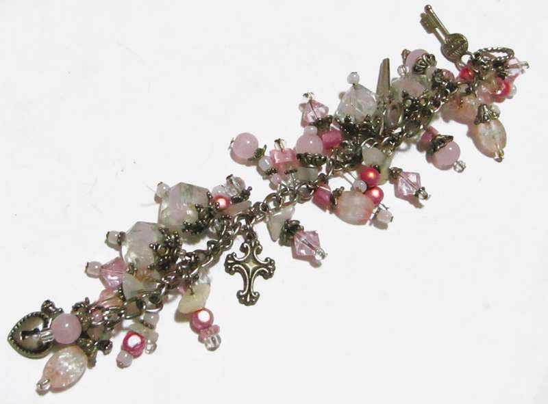 Vintage Pink Glass Bead Bracelet with Silver Tone Charms
