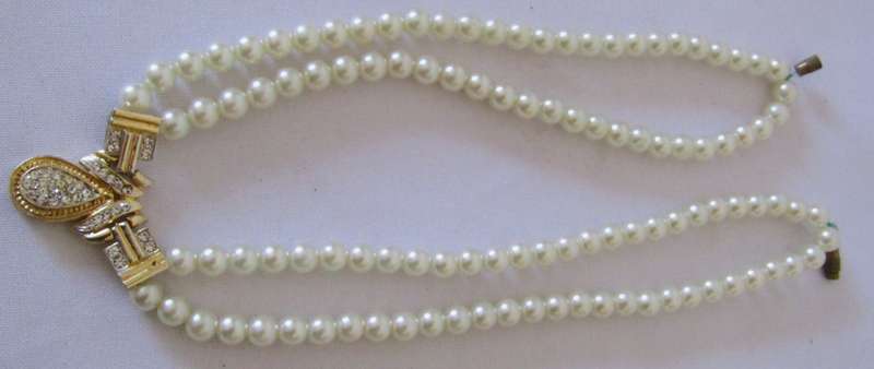 Vintage Double Strand Faux Pearl Necklace with Gold Plated and Clear Rhinestone Art Deco Pendant