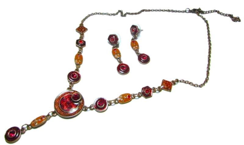 Vintage Brass, Amber and Ruby Red Enamel, and Ruby Red Crystal Necklace and Earrings Set