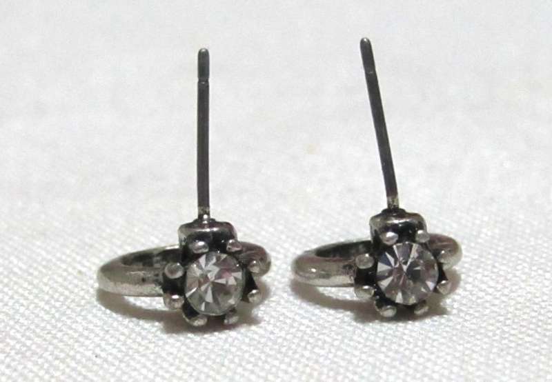 Vintage Silver-Tone Stud Earrings | Mini Solitaire Ring Design | Crystal Accent