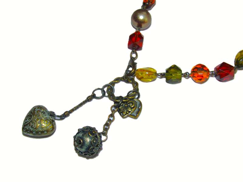Vintage Brass-Tone Charm Necklace | Faceted Glass Beads & Faux Pearls | Warm Earthy Tones