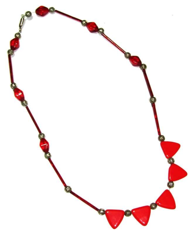 Vintage Ruby Red Glass & Silver Tone Filigree Beaded Necklace