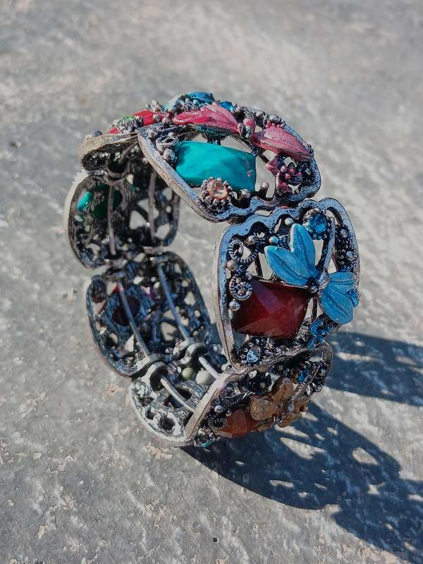 Filigree Silver-Tone Cuff Bracelet with Colorful Glass & Crystal Accents - Dragonfly Motif