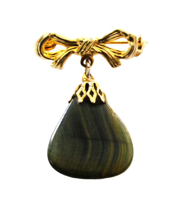 Vintage Gold Tone Bow Dangle Brooch pin with genuine green jasper stone