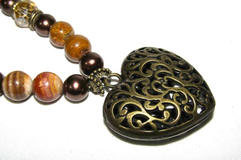 Vintage Puffy Filigree Heart Pendant Necklace with Agate, Faux Pearl, and Citrine Crystal Beads