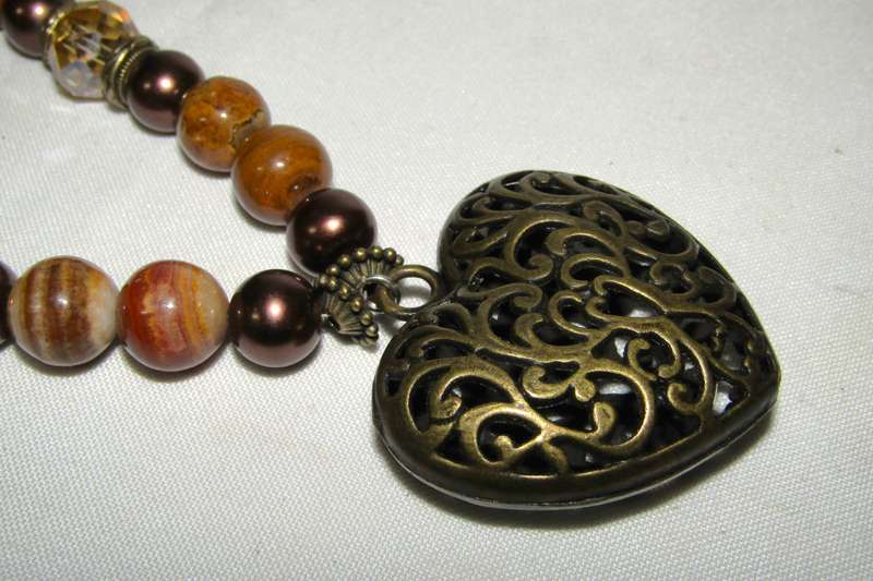 Vintage Puffy Filigree Heart Pendant Necklace with Agate, Faux Pearl, and Citrine Crystal Beads
