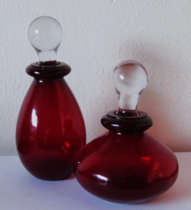 Set of Two Vintage Ruby Red Hand Blown Glass Perfume Bottles with Clear Stoppers (c. 1970)