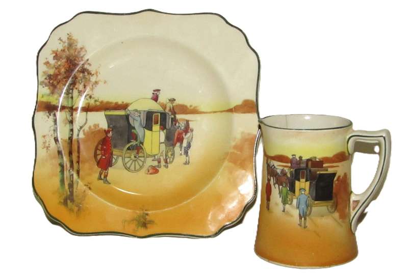 Authentic Royal Doulton 'Old Coaching Days' Plate & Milk Jug Pair c1930