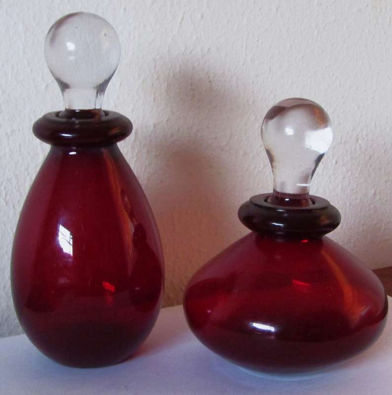 Set of Two Vintage Ruby Red Hand Blown Glass Perfume Bottles with Clear Stoppers (c. 1970)