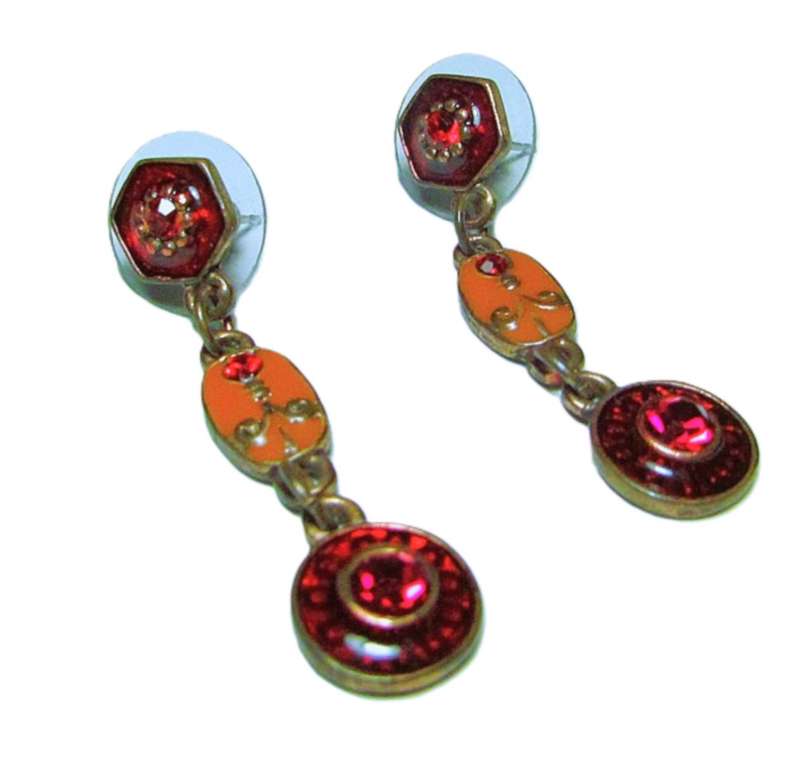 Vintage Brass, Amber and Ruby Red Enamel, and Ruby Red Crystal Necklace and Earrings Set