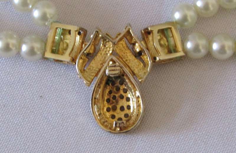 Vintage Double Strand Faux Pearl Necklace with Gold Plated and Clear Rhinestone Art Deco Pendant